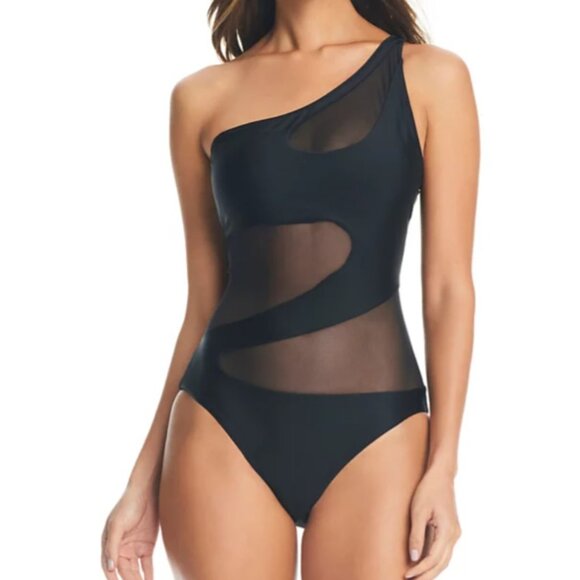 Bar III One-Shoulder Mesh Cutout Swimsuit - Picture 1 of 9